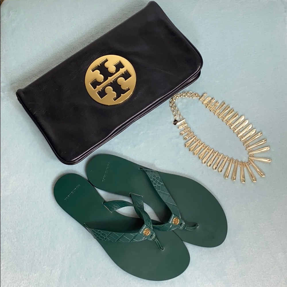 Tory Burch Croc Embossed Manon Sandals, Green, 10